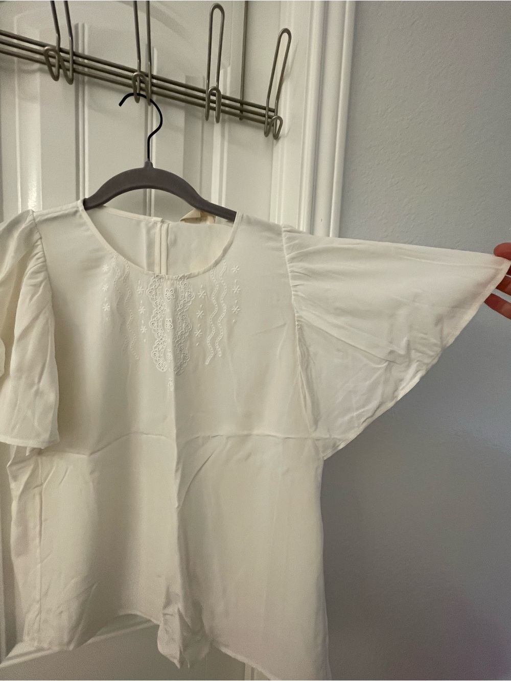 Sezane Cream Embroidered Flutter-Sleeve Blouse